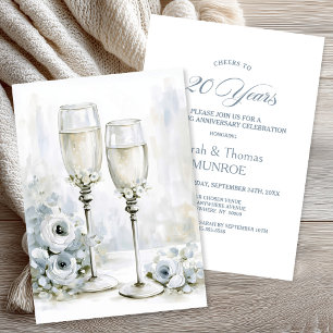 Convite Taças de Champanhe Florais Cinzas 20º Aniversário