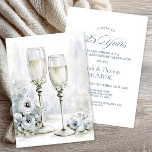 Convite Taças de Champanhe Florais Cinzas 25º Aniversário