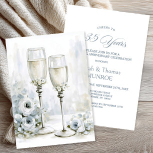 Convite Taças de Champanhe Florais Cinzas 35º Aniversário