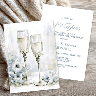 Convite Taças de Champanhe Florais Cinzas 40º Aniversário