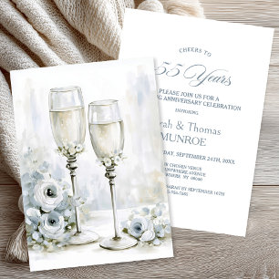 Convite Taças de Champanhe Florais Cinzas 55º Aniversário