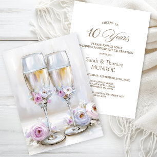 Convite Taças de Champanhe Florais Rosa 10º Aniversário