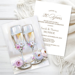 Convite Taças de Champanhe Florais Rosa 20º Aniversário