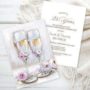Convite Taças de Champanhe Florais Rosa 25º Aniversário