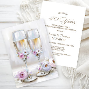 Convite Taças de Champanhe Florais Rosa 40º Aniversário