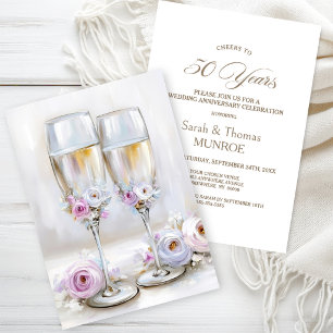 Convite Taças de Champanhe Florais Rosa 50º Aniversário
