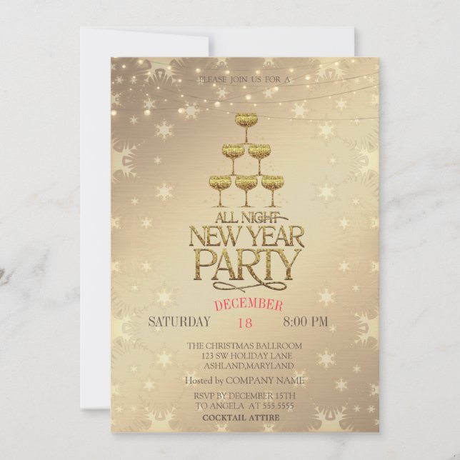 Convite Taças de Champanhe Natal Dourado  (Frente)