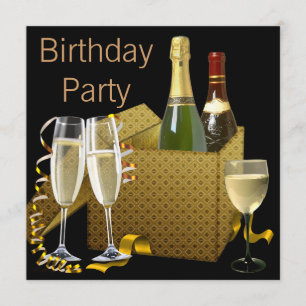 Convite Taças de Vinho Champagne Preto Dourado Aniversário
