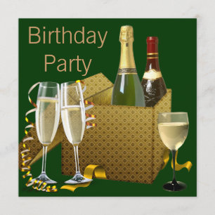 Convite Taças de vinho champanhe Dourado Verde Aniversário