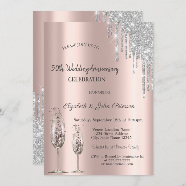 Convite Taças de Vinho com Gotas Dourado Rosa Aniversário  (Frente/Verso)