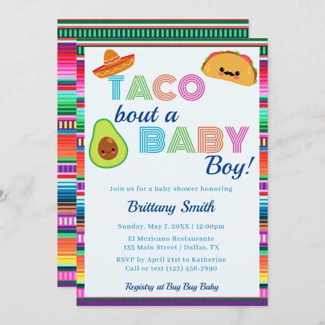 Convite Taco Bout a Baby Boy Fiesta Stripe Chá de fraldas (Frente/Verso)