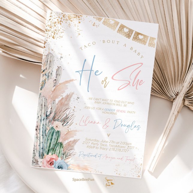 Convite Taco Bout A Chá de fraldas Convida o gênero Boho r (taco bout baby shower invitation,gender reveal invites,boho pampas grass,fiesta baby shower invite,c)