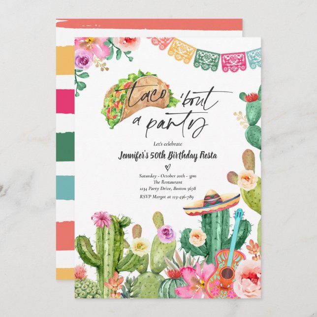 Convite Taco 'Bout A Party 50th Birthday Fiesta Cactus (Frente/Verso)
