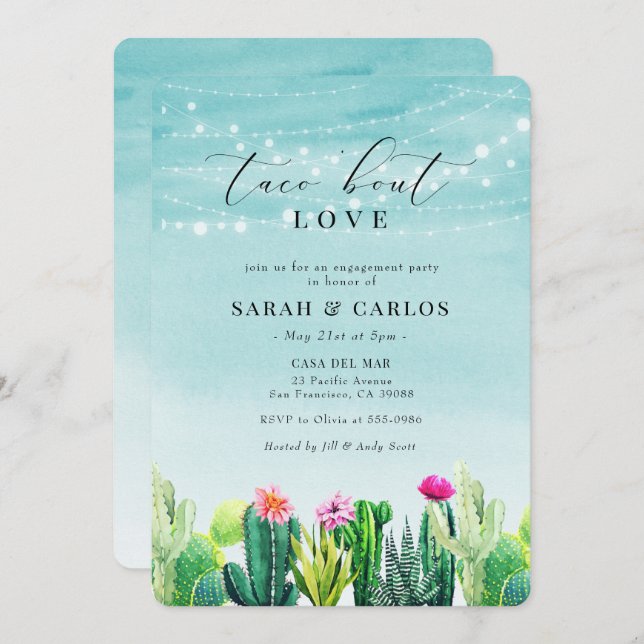 Convite Taco 'Bout Love Cactus Fiesta Noivado (Frente/Verso)