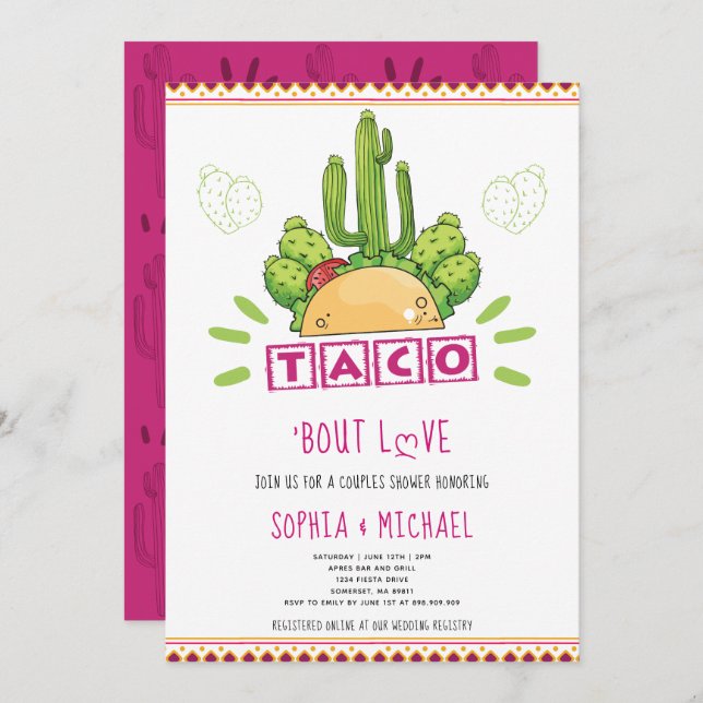 Convite Taco 'Bout Love Casal Fiesta Pink (Frente/Verso)