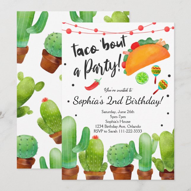Convite Taco Fiesta Bout Party Watercolor Cactus Invite (Frente/Verso)
