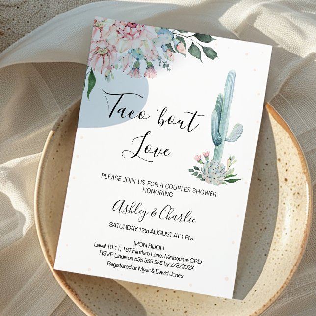 Convite Taco Floral Rosa sobre Chá de Casais de Amor (Taco 'Bout Love Couples Shower Invitation, Pink Floral Cactus Fiesta Couples Shower Invitation)