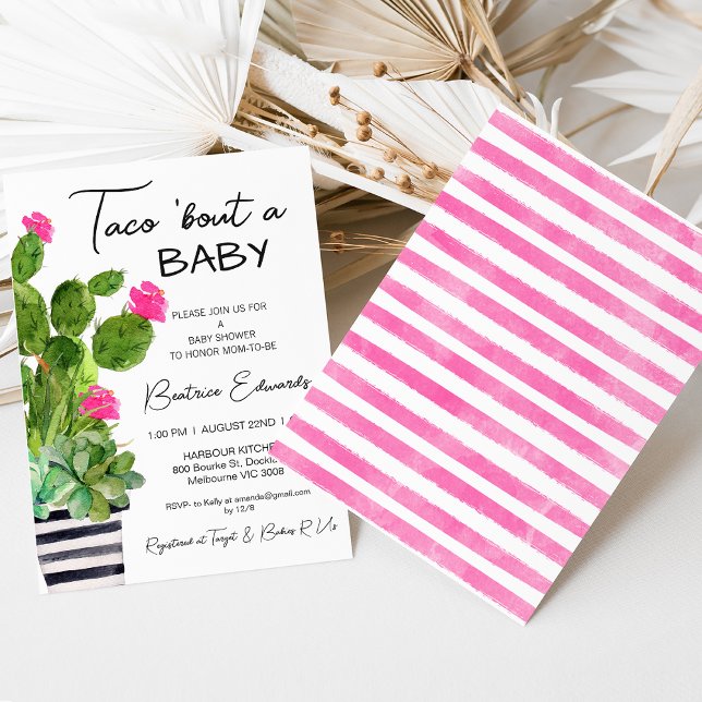 Convite Taco rosa quente sobre um Chá de fraldas de cactus (Hot pink floral cactus taco 'bout a baby baby shower invitation for baby girl's baby shower.)