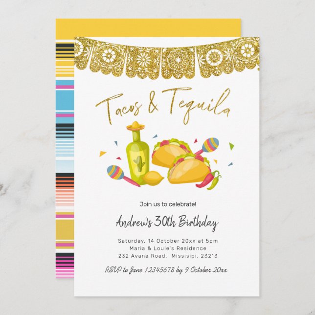 Convite Tacos and Tequila Fiesta Birthday Invitation (Frente/Verso)