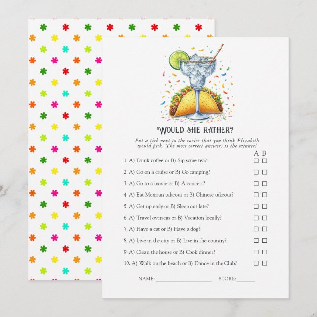 Convite Tacos and Tequila Party "Would She Rather?" Game (Frente/Verso)