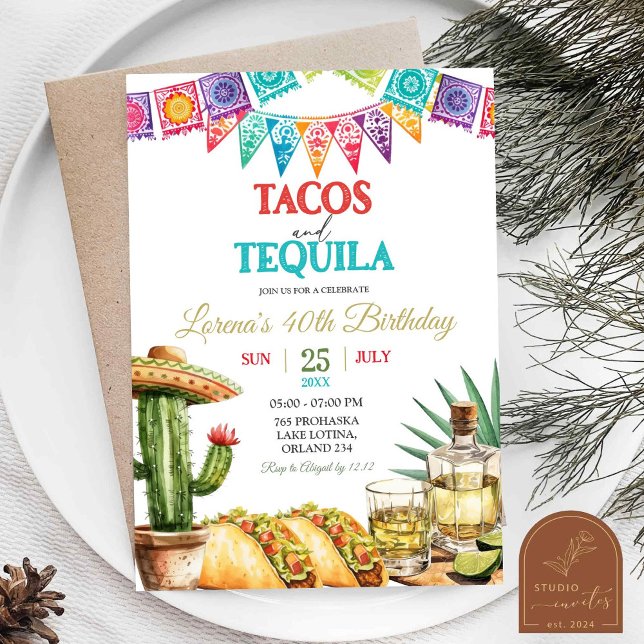 Convite Tacos e Tequila 40th Adult Birthday Fiesta (Criador carregado)