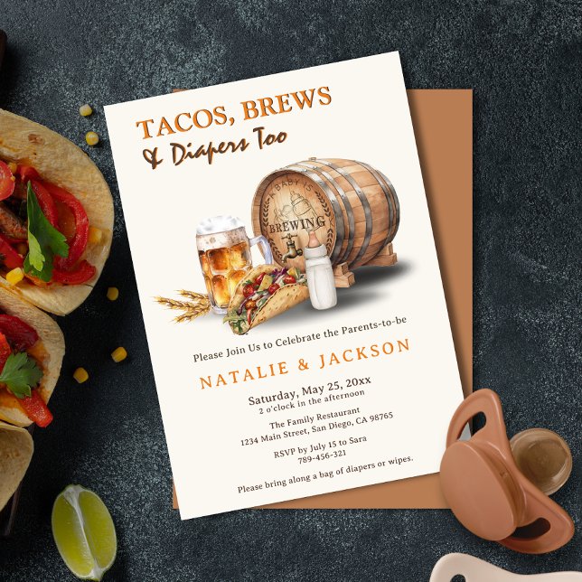 Convite Tacos modernos, Chás de fraldas de código de paus  (Modern Tacos, Brews & Diapers Coed Baby Shower Invitation)