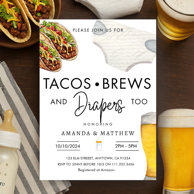 Convite Tacos, paus e Fraldas Chás de fraldas de Casal cas (Tacos Brews And Diapers Casual Couple Baby Shower Invitation)