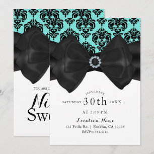 Convite Tafetá Azul e Preto com Laço Glam Chic Festa Doce 