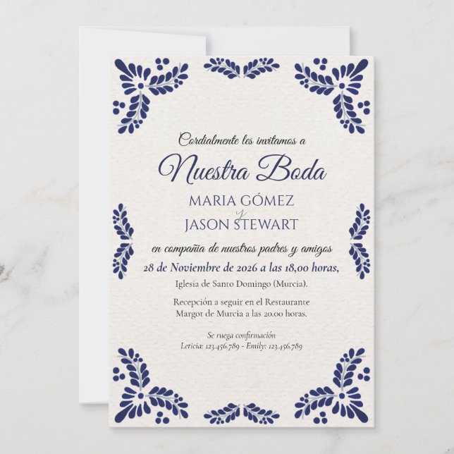Convite Talavera Blue Floral Minimalist Spanish Wedding (Frente)