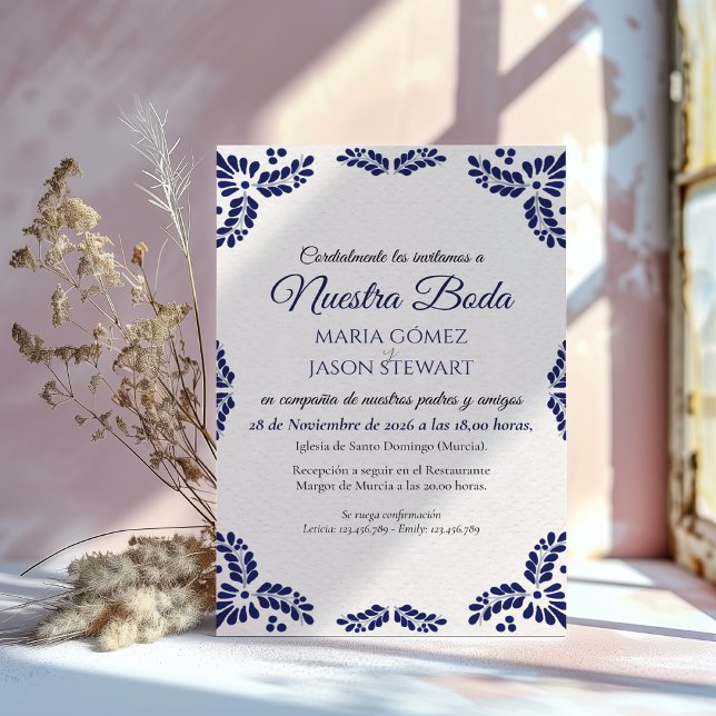 Convite Talavera Blue Floral Minimalist Spanish Wedding (Talavera Blue Floral Minimalist Spanish Wedding Invitation)