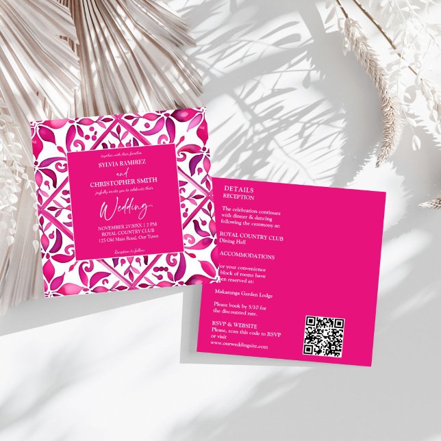 Convite Talavera espanhola rosa-fria, tudo num casamento (Bold pink Spanish Mexican talavera all in one Hacienda wedding Invitation template instant download)