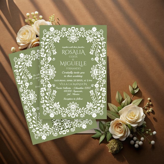 Convite Talavera sage casamento verde mexicano (Talavera folk art sage green vintage Mexican wedding Invitation cards with RSVP template)