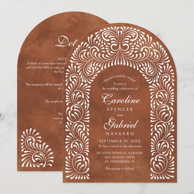 Convite Talavera Terracota Código QR Casamento Fiesta (Frente/Verso)