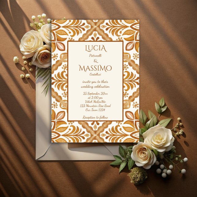 Convite Talavera terracotta vintage casamento mexicano (Terracotta vintage Mexican Talavera wedding Invitations with RSVP template instant download marron)