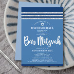 Convite Talit Azul Prata Bar Mitzvah Moderno Script Ousado<br><div class="desc">Sinta-se orgulhoso, regozije e mostre este marco do seu Bar Mitzvah favorito! Envie este convite legal, único, moderno e personalizado para um evento inesquecível. Tipografia em negrito e branco, Estrela de Davi e um gráfico inspirado no tallit listrado em azul-marinho e brilho prateado sobre um simples fundo azul cornflower. Personalize...</div>