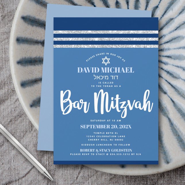 Convite Talit Azul Prata Bar Mitzvah Moderno Script Ousado (Criador carregado)