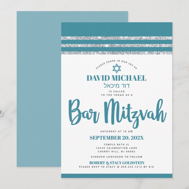 Convite Talit Azul Prata Bar Mitzvah Ousado Simples Modern (Frente/Verso)
