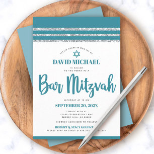 Convite Talit Bar Mitzvah Barra de Prata Verde Azul Simple