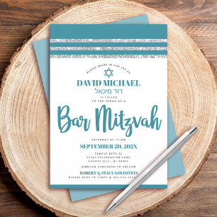 Convite Tallis Bar Mitzvah Hebraico Alto Prata Verde Azul