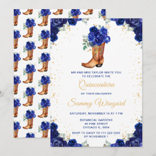 Convite Tamanho Grande Azul Escuro e Dourado Floral Cowboy