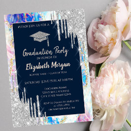 Convite Tampa de Formatura Brilhante, Gotejamento Prateado