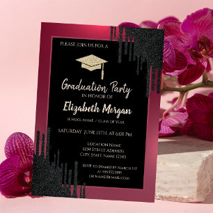 Convite Tampa de Formatura Brilhante, Preto com Gotejament