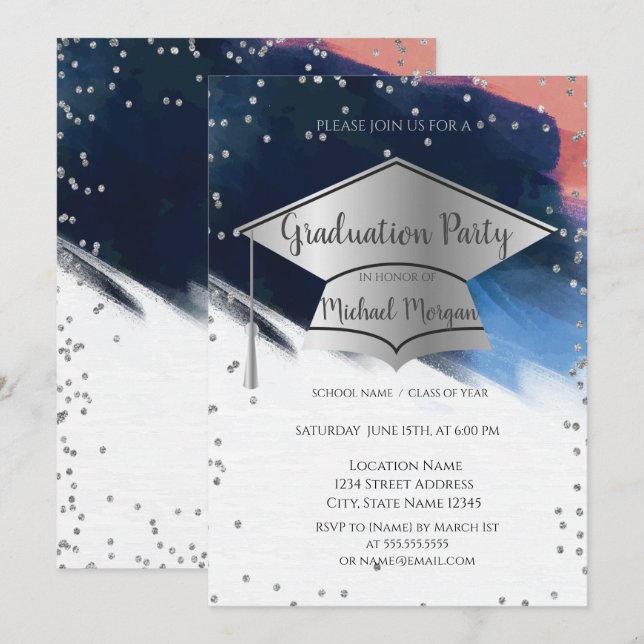 Convite Tampa de formatura com pincelada, Diamantes Gradua (Frente/Verso)