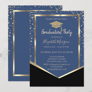 Convite Tampa de Graduação Azul, Diamantes Dourados Gradua