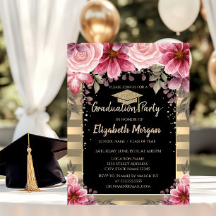 Convite Tampa de Graduação com Brilho Dourado,Listras Flor