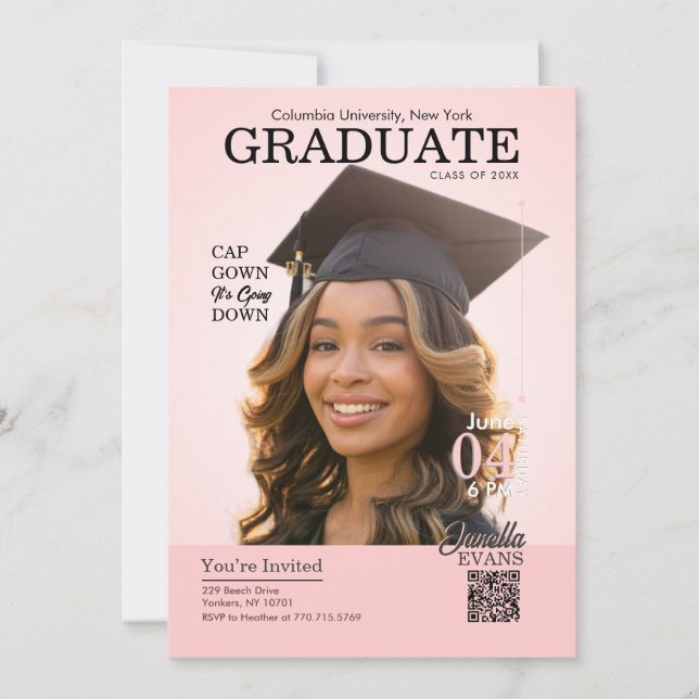 Convite Tampa de Graduação de Capa de Revista Rosa (Frente)