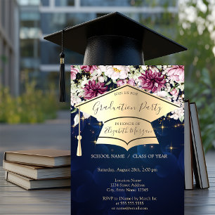 Convite Tampa de Graduação Dourada, Estrelas, Flores Gradu