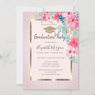 Convite Tampa de Graduação Dourada Flores Aquarela Pontos