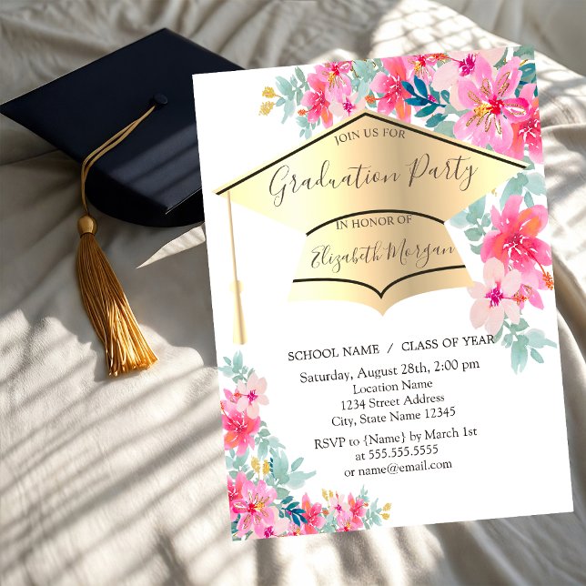 Convite Tampa de Graduação Dourada Flores de Primavera Gra (Criador carregado)