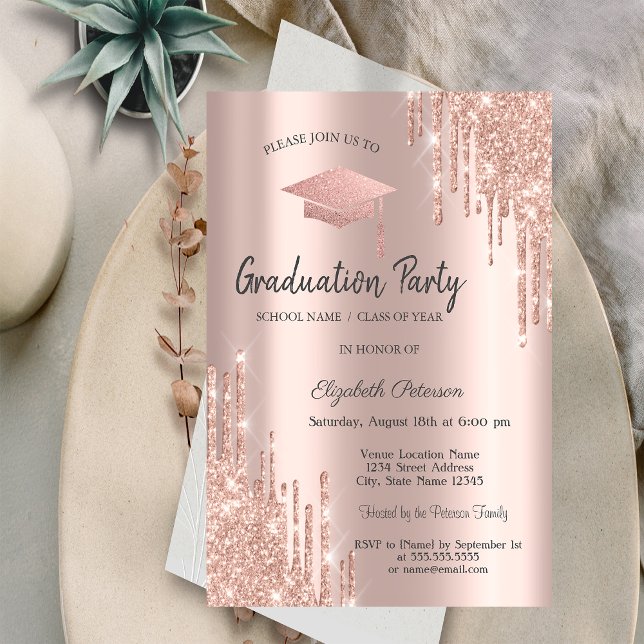 Convite Tampa de Graduação em Rose Gold com Pingos de Glit (Criador carregado)